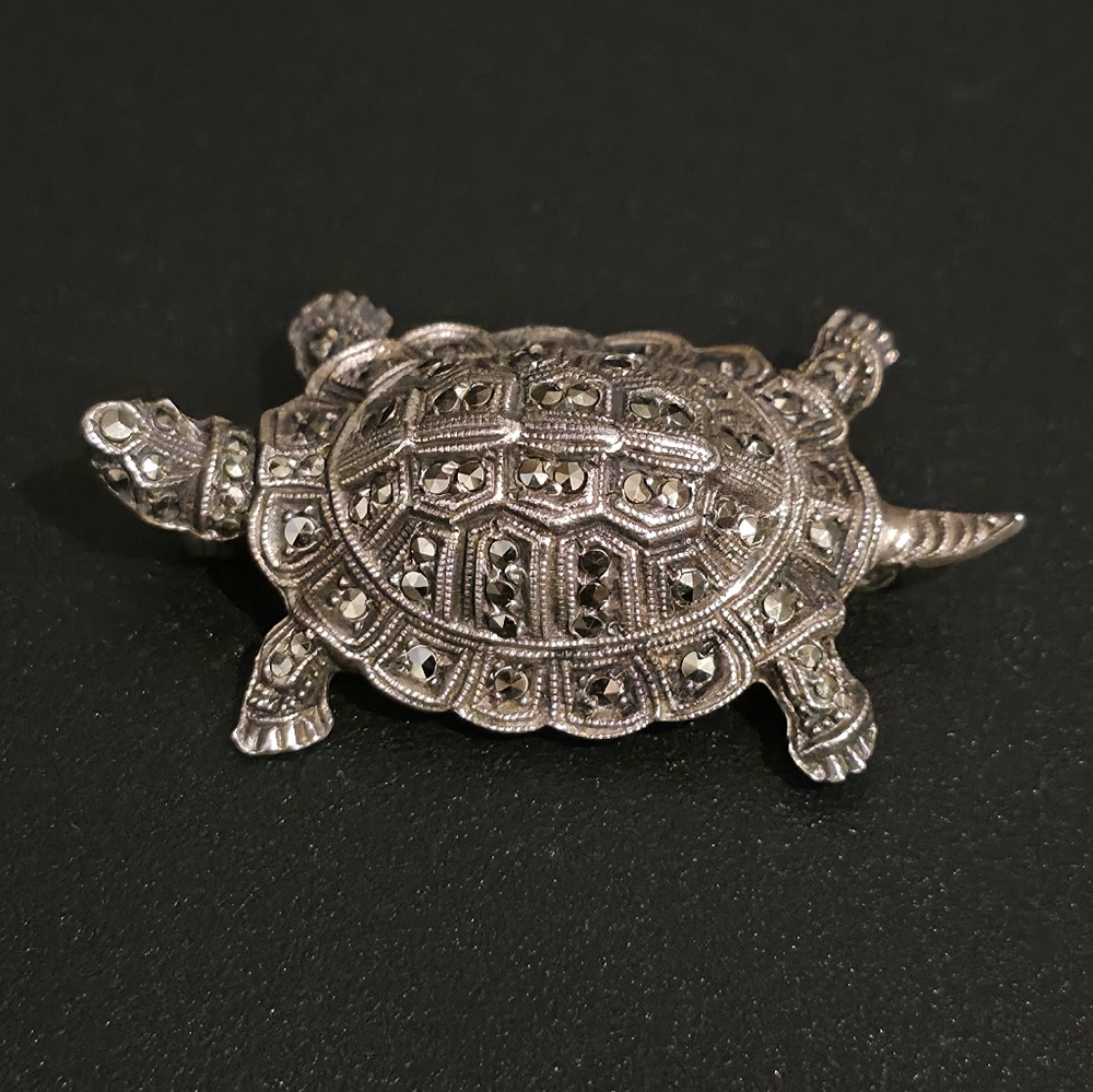 Vintage 835 Silver Marcasite Turtle Brooch Pin - Picture 2 of 7